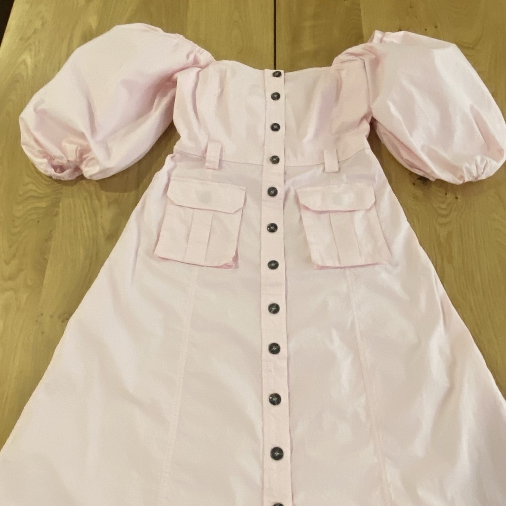 GANNI Puff Sleeve Button Down Dress Women's Pink Ripstop Fabric Size 34 US SZ 6* - Picture 2 of 14